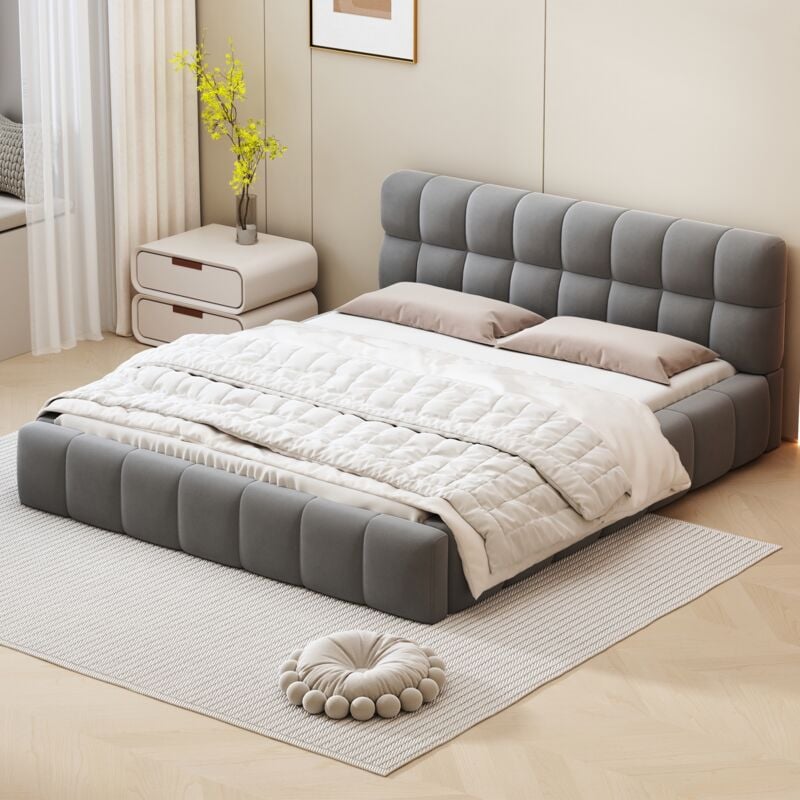 Tanant - Lit 140x190cm - avec dossier moelleux, cadre de lit, sommier à lattes, tête de lit, lit adulte style scandinave - Gris