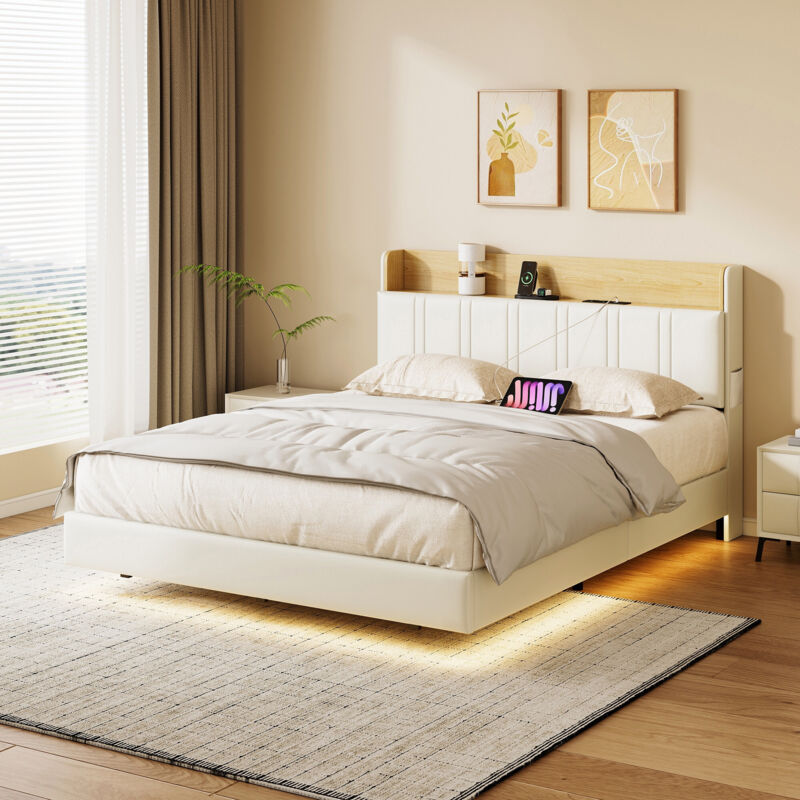 Lit adulte 160x200cm - Lit Suspendu avec LED RGB, Tête de Lit avec Coffre de Rangement, USB et Type-C - Simili Cuir PU - Blanc