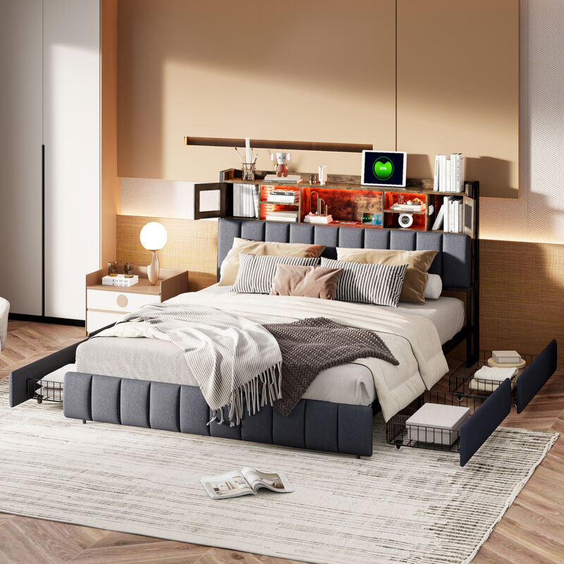 Sunfecili - Lit adulte 140x200 avec tiroir,lit 140x200,lit double rembourré,rangement de chevet,LED réglable, port de chargement, tissu en lin, noir