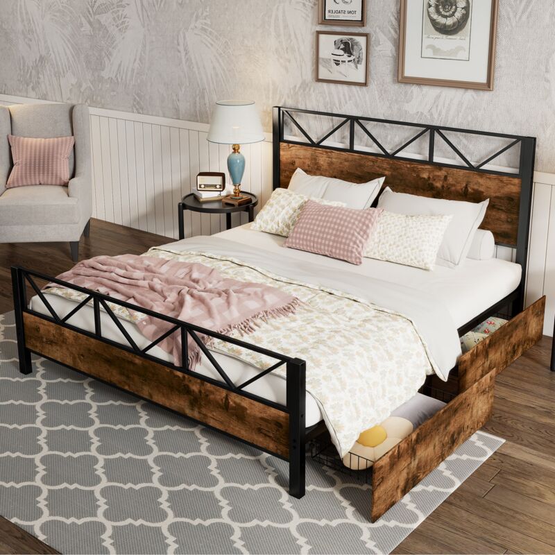 Dans Les Nuages - Lit adulte 140x200 cm, 2 places, avec 2 tiroirs de rangement, roulettes, sommier à lattes en Métal, têtes de lit en bois, vintage,