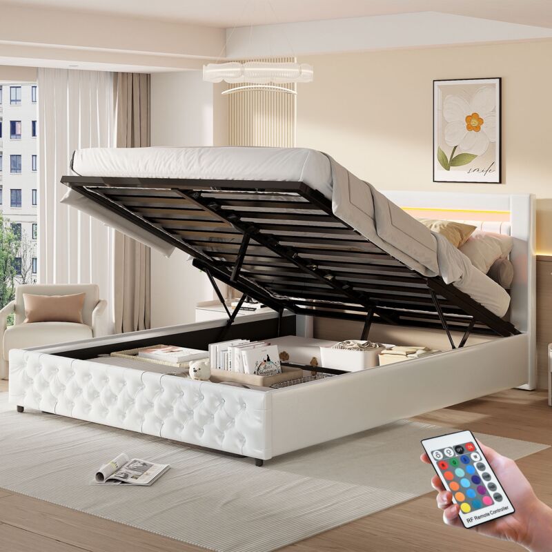 Dans Les Nuages - Lit adulte 160x200 cm, 2 places, avec led, rangement, télécommande, sommier à lattes en bois, cadre en métal, classique, lit