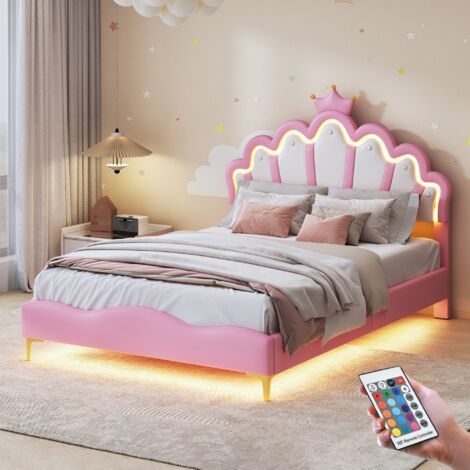 Lit adulte 140x200 cm, 2 places, avec LED, tête de lit de couronne, télécommande, sommier à lattes en bois, lit capitonné en Similicuir - Rose