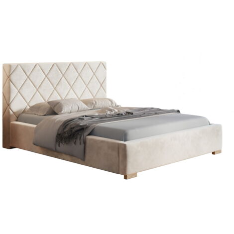 Lit adulte 140x200 cm Aron - Chambre à coucher lit double - Lit avec sommier à lattes, tissu velours (Beige - Amor Velvet 4304)