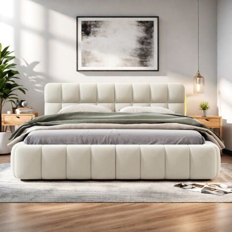 Lit adulte 140x200 cm avec dossier moelleux et bordure souple, Lit double capitonné 140x200 cm avec sommier à lattes, Lit plat en lin, Beige