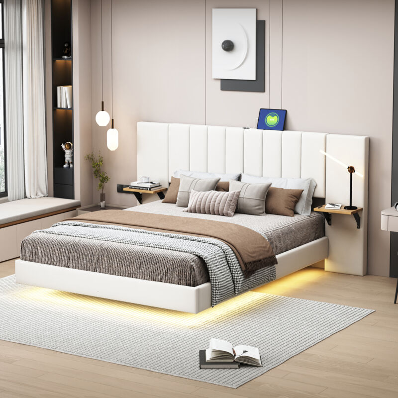 Lit adulte 140x200 cm avec led, lit capitonné beige avec tête de lit et port de chargement usb, lit double en tissu en lin, sans matelas