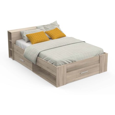 Lit adulte 140x200 cm avec rangement 3 tiroirs couleur chêne - Largeur 150,1 x Profondeur 226,9 x Hauteur 74,3 cm