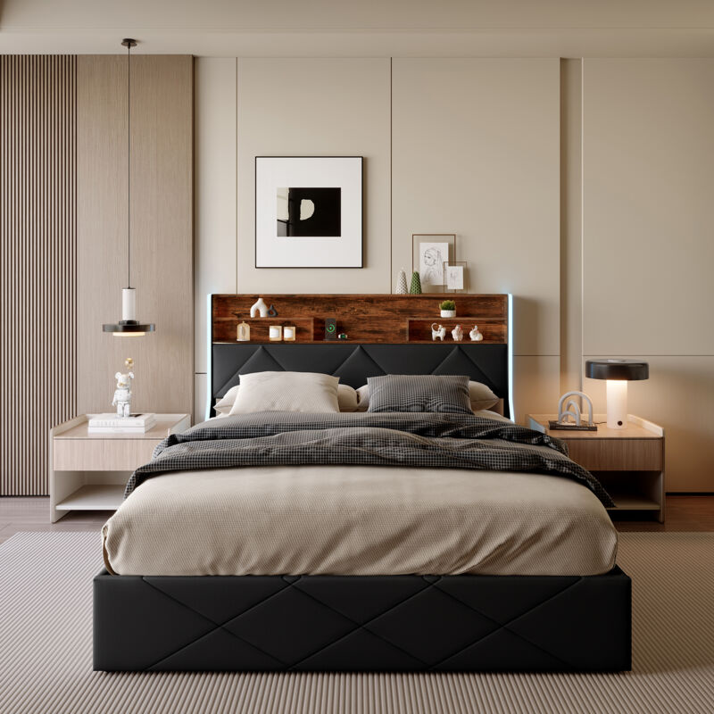 Lit adulte 140x200 cm avec sommier à lattes, lit coffre avec LED et USB, cadre de lit double, tissu en PU, 140x200 cm, noir