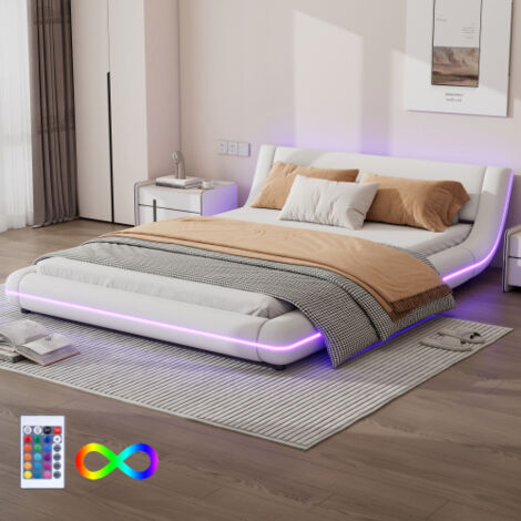 Lit adulte 140x200 cm avec télécommande, éclairage LED, sans matelas, blanc