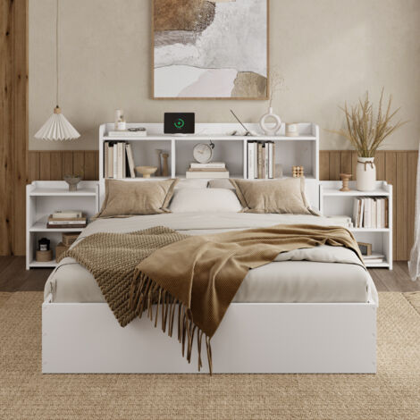 Lit adulte 140x200 cm avec tiroirs et 2 chevets - lit 2 places avec USB C et sommier - bois - blanc (sans matelas)
