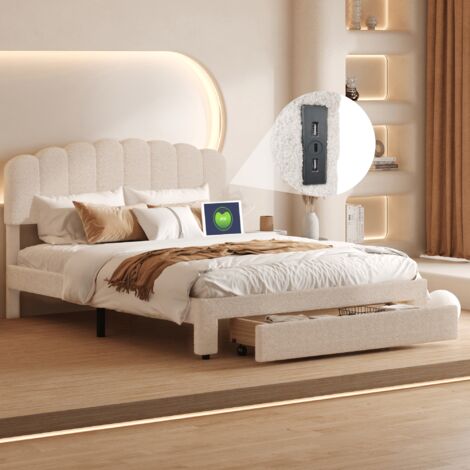 Lit adulte 140x200 cm avec tiroirs, Lit double capitonnée 140x200 avec tête de lit réglable et chargement USB, sommier à lattes en bois, Teddy fleece, Beige