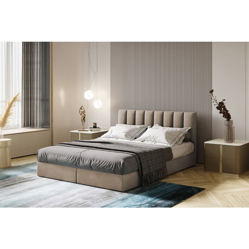 Trada - Lit adulte 200x200 cm city - rembourré avec rangement et matelas – tissu velours - beige