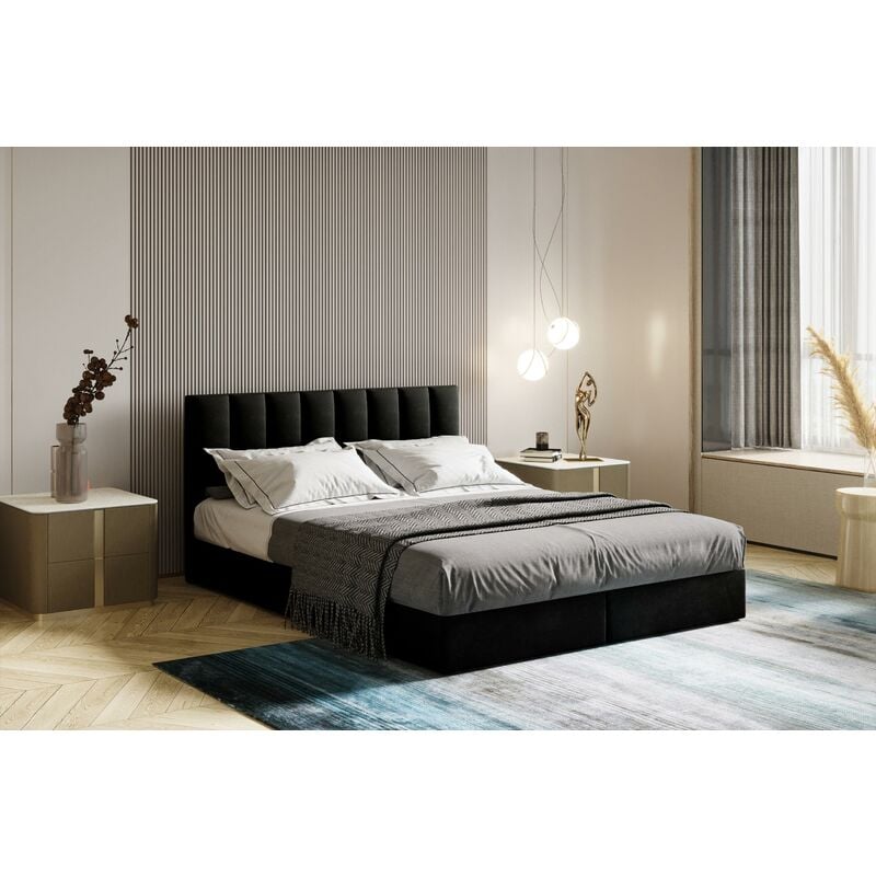 Trada - Lit adulte 140x200 cm city - rembourré avec rangement et matelas – tissu velours - noir