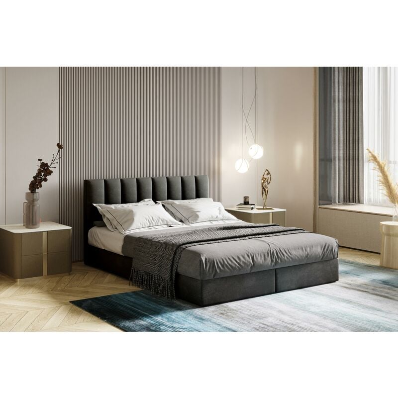 Trada - Lit adulte 140x200 cm city - rembourré avec rangement et matelas – tissu velours - gris foncé