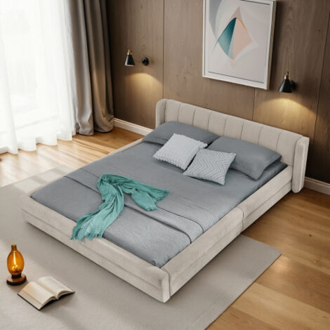 Lit adulte 140x200 cm, dossier confortable, motif à rayures verticales, sommier à lattes, en tissu, sans matelas, beige