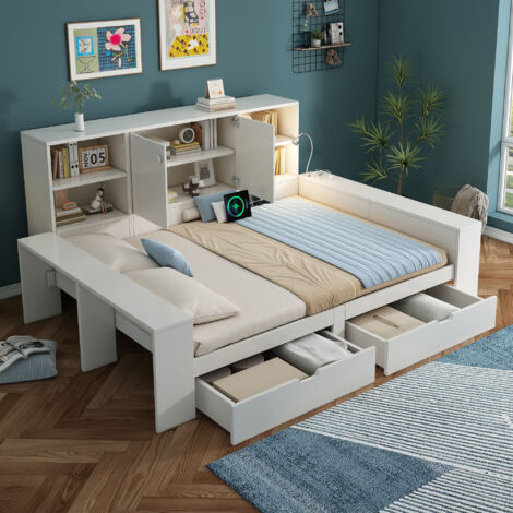 Lit adulte 140x200 cm en bois avec USB-C, rangements, 2 tiroirs et liseuse, bois blanc