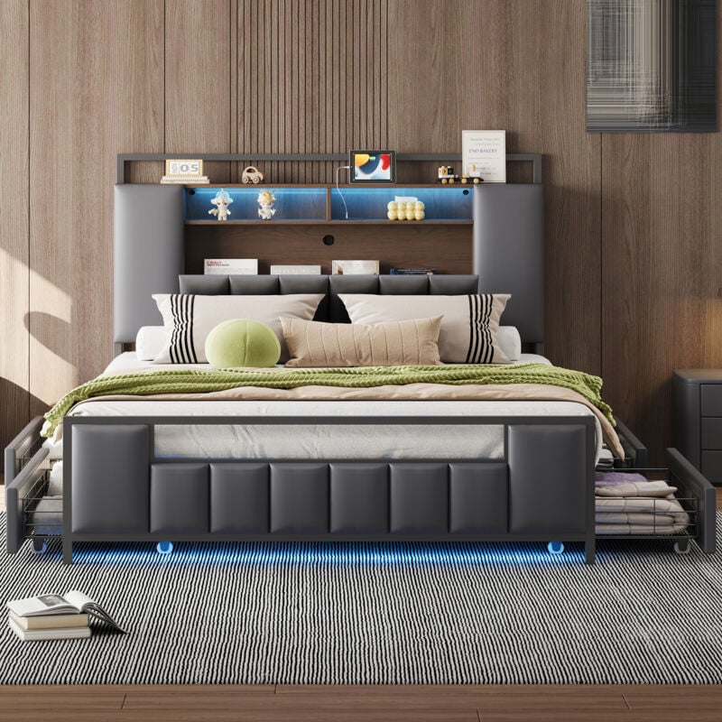 Modernluxe - Lit adulte 160x200 cm en similicuir - avec led et prise usb - 4 tiroirs - cadre en fer - Gris