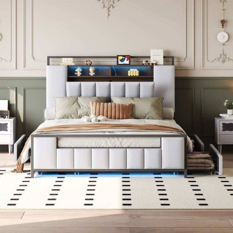 Modernluxe - Lit adulte 160x200 cm en similicuir - avec led et prise usb - 4 tiroirs - cadre en fer - Beige