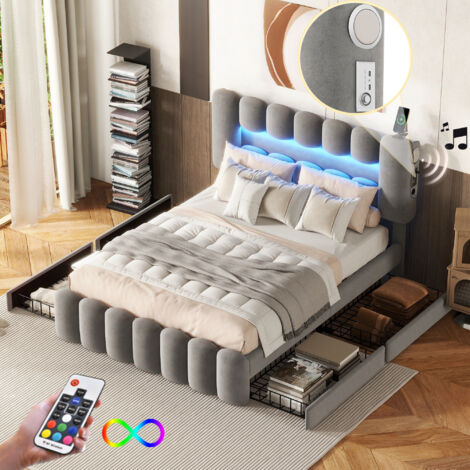 Lit adulte 140x200 cm LED, lit double rembourré avec USB et haut-parleurs, 4 tiroirs, sommier à lattes, velours gris