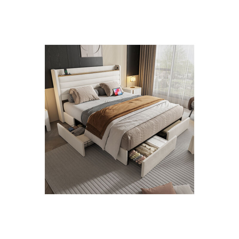 Wishdor - Lit adulte 160x200 cm, lit capitonné avec 4 tiroirs, port usb et tête de lit rangement, velours, sans matelas, beige