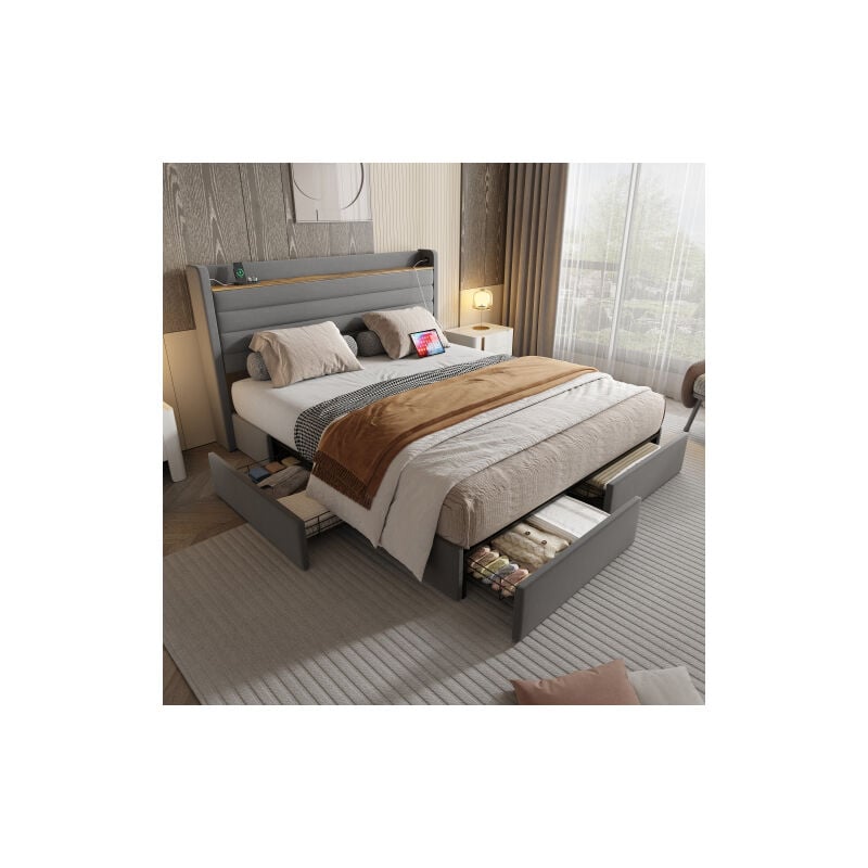 Wishdor - Lit adulte 160x200 cm, lit capitonné avec 4 tiroirs, port usb et tête de lit rangement, velours, sans matelas, gris