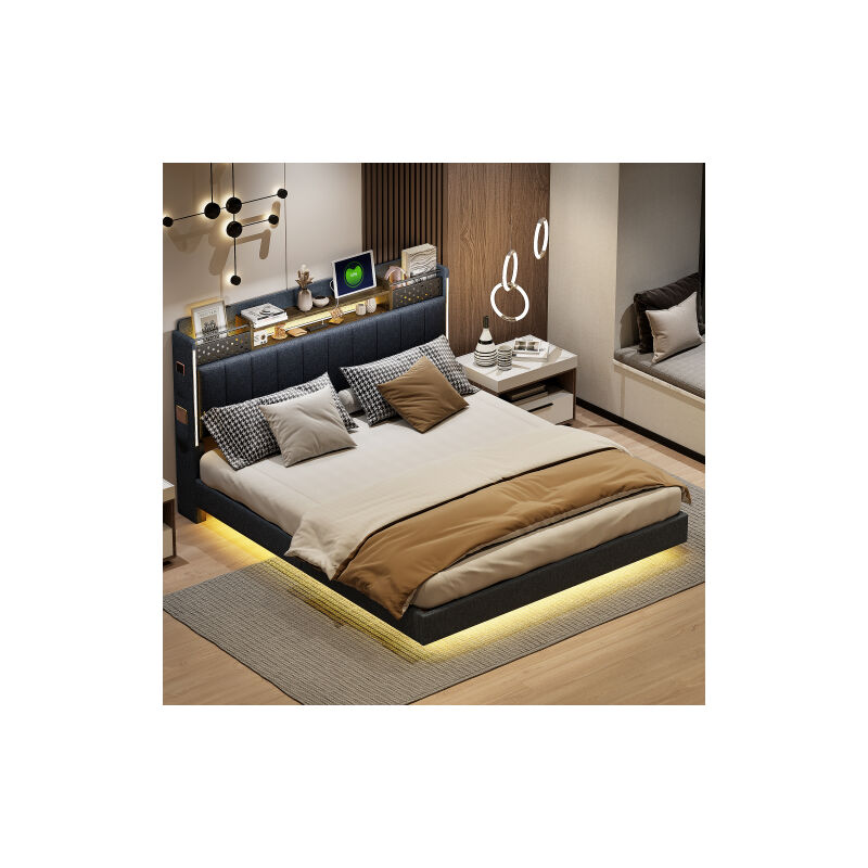 Wishdor - Lit adulte 160x200 cm, lit capitonné avec éclairage led, prise usb, tête de lit avec rangement, sans matelas, tissu lin, gris
