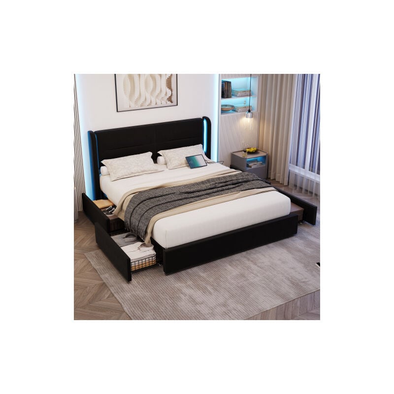 Wishdor - Lit adulte 160x200 cm, lit capitonné avec éclairage led sur les ailes, 4 tiroirs, 2 ports usb, sans matelas, velours, noir