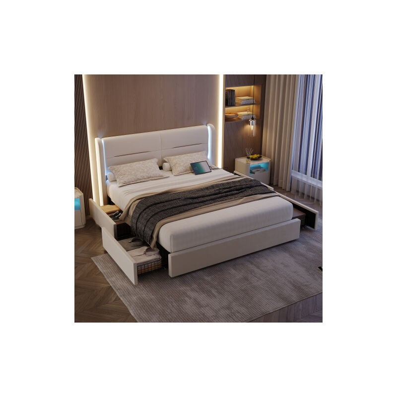 Wishdor - Lit adulte 140x200 cm, lit capitonné avec éclairage led sur les ailes, 4 tiroirs, 2 ports usb, sans matelas, velours, beige
