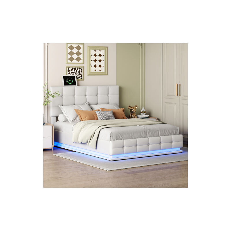 Modernluxe - Lit adulte 140x200 cm, lit coffre avec led, sommier à lattes, tête de lit réglable, tissu en pu, blanc, motif carré