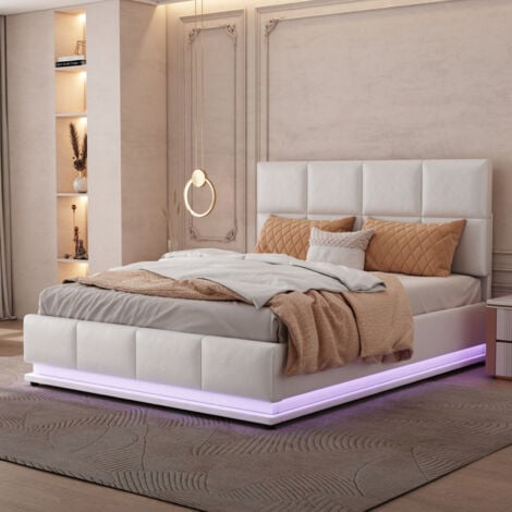 SUREH Lit Adulte 140x200 cm, Lit Double Avec Rangement Dans, Lit Flottant Avec LED, Lit Coffre, Sommier à Lattes, Tête De Lit Réglable, Bande Lumineuse LED Réglable, PU, Blanc