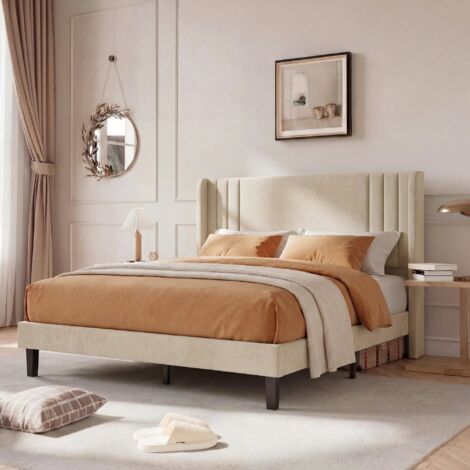 Lit adulte 140x200 cm, lit double avec sommier en bois, lit rembourré cadre de lit avec sommier à lattes et tête de lit,Lin Beige