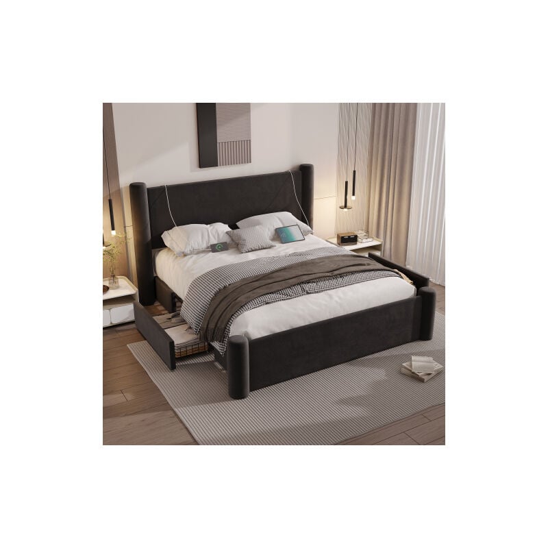 Wishdor - Lit adulte 160x200 cm, lit double, design colonne 3D sur pieds, tête de lit épaissie, 2 tiroirs de rangement et port usb, sans matelas,