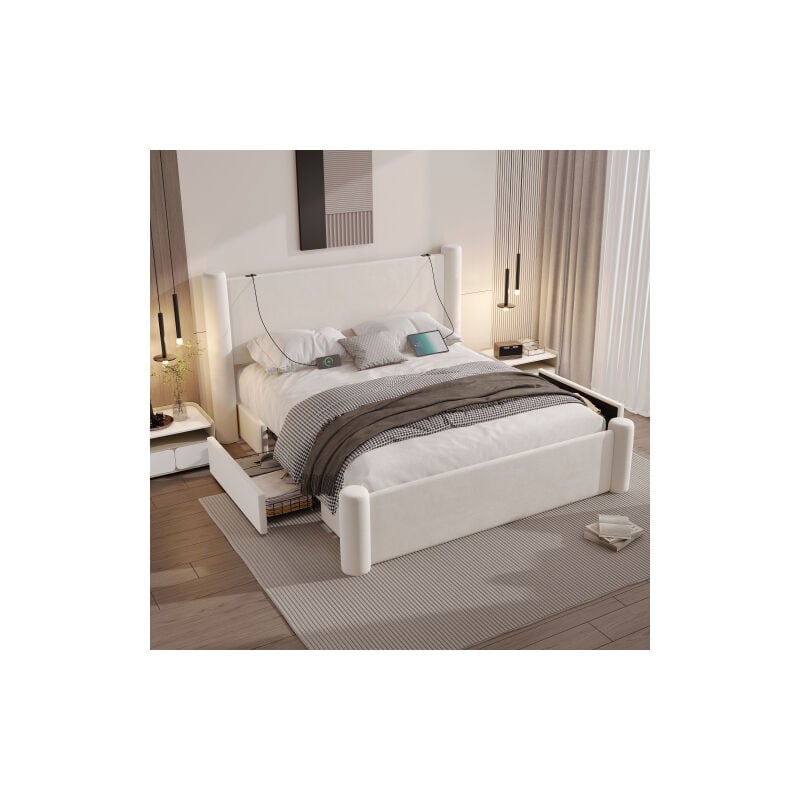Wishdor - Lit adulte 160x200 cm, lit double, design colonne 3D sur pieds, tête de lit épaissie, 2 tiroirs de rangement et port usb, sans matelas,