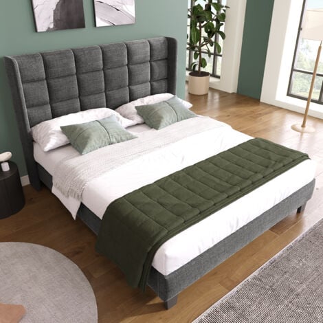 OKWISH adulte 140 x 200 cm, lit double avec tête de lit capitonnée et sommier à lattes,en lin gris (sans matelas)
