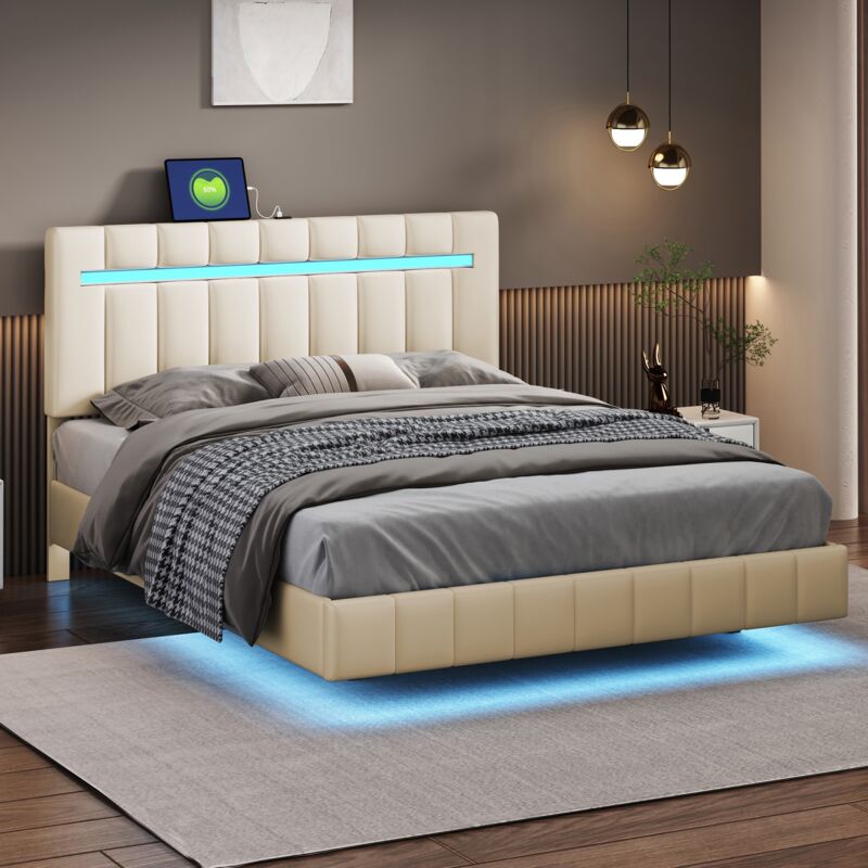 Lit adulte 140x200cm, lit flottant avec LED et 2 ports USB, Tête de lit réglable, sommier à lattes, lit double de style scandinave, tissu, Beige