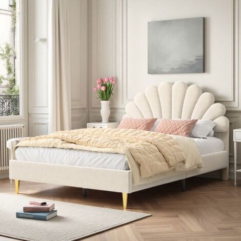 Lit adulte 140x200 cm - TANANT - Tête de lit fleur - Velours beige - 2 places - Sommier inclus