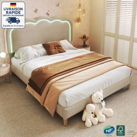 Lit adulte 140x200 cm, tête de lit réglable en hauteur, LED, sommier à lattes, velours, sans matelas, rose