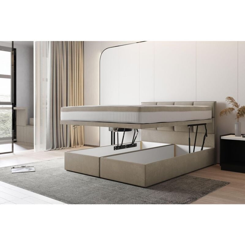 Trada - Lit adulte 200x200 cm tropea - avec rangement et matelas ressorts ensachés - tissu velours - beige