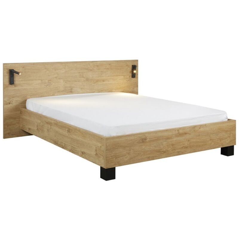 Lit adulte 140x200 collection morgane avec éclairage en applique orientable intégré - Coloris chêne doré.