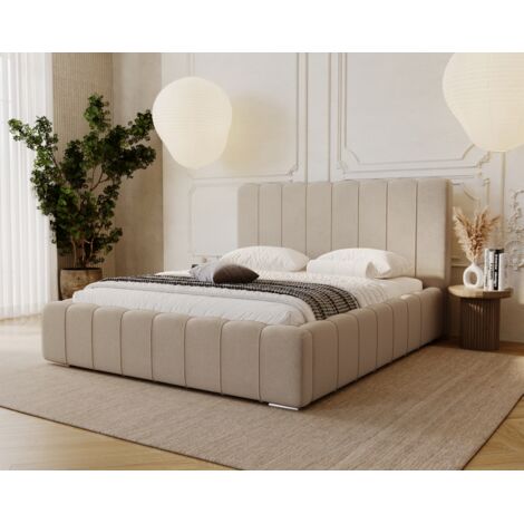 Lit adulte 140x200 Lisbon avec rangement, sommier - Lit coffre, tissu velours Beige (Komodo 11)