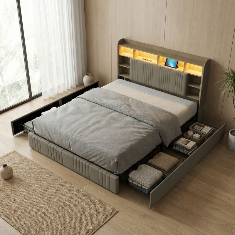 Lit adulte 160x200, lit double capitonné avec éclairage LED et USB, 4 tiroirs, tête de lit avec rangement, Bois et Lin, Style moderne, Beige