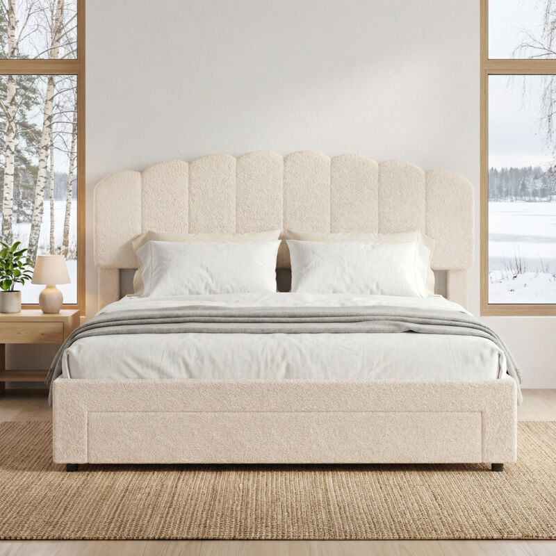 Lit adulte 140x200, lit double capitonné avec tiroir et ports USB/Type-C, tête de lit coquillage, lit avec rangement avec sommier, velours, style