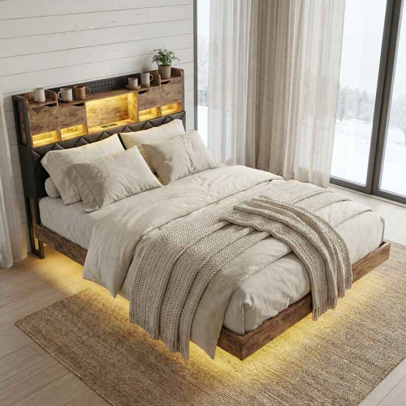 Lit adulte 160x200, lit double rembourré, Cadre de lit flottant avec LED et station de charge USB/Type-C, tête de lit de rangement, Métal et bois,