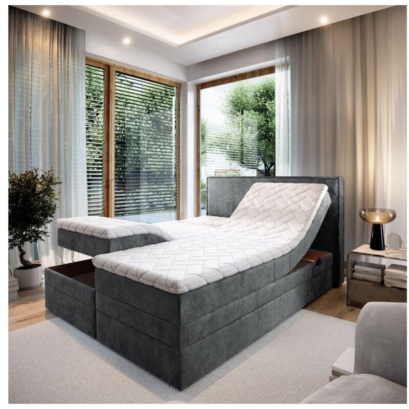 Lit adulte 140x200 POSITANO - ensemble relaxation électrique, matelas ressorts ensachés, rangement, surmatelas en tissu gris foncé