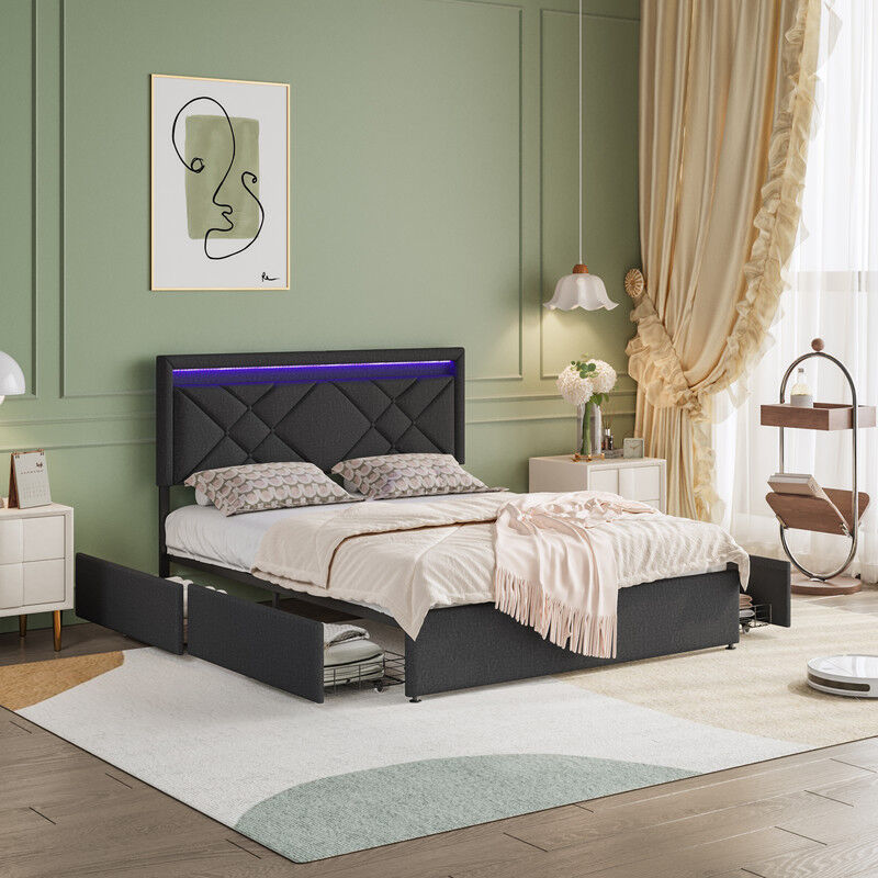 lit adulte 160x200cm avec 4 tiroirs, lit double capitonné avec tète de lit réglable en hauteur, lit rembourré double avec LED réglable et chargement