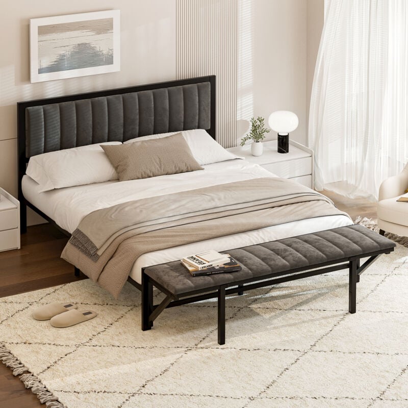 Fortuna Lai - Lit adulte 140x200cm avec banquette pliable - lit double - cadre en fer avec sommier à lattes en bois et tête de lit - velours gris