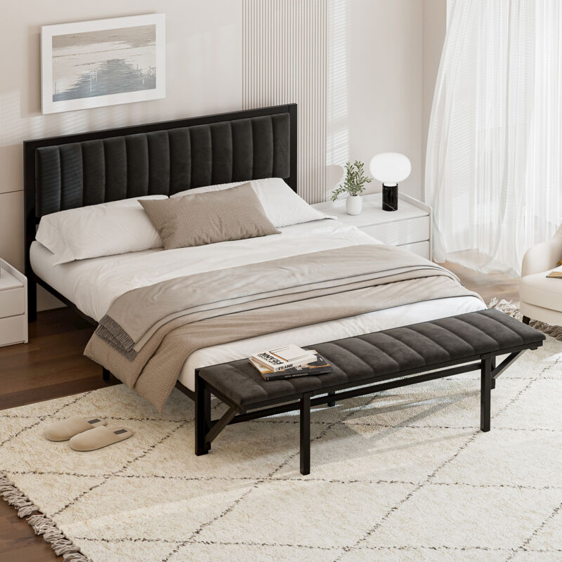 Lit adulte 140x200cm avec banquette pliable - lit double - cadre en fer avec sommier à lattes en bois et tête de lit - velours noir