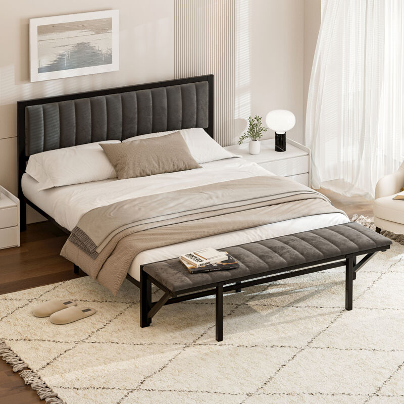 Fortuna Lai - Lit adulte 160x200cm avec banquette pliable - lit double - cadre en fer avec sommier à lattes en bois et tête de lit - velours gris