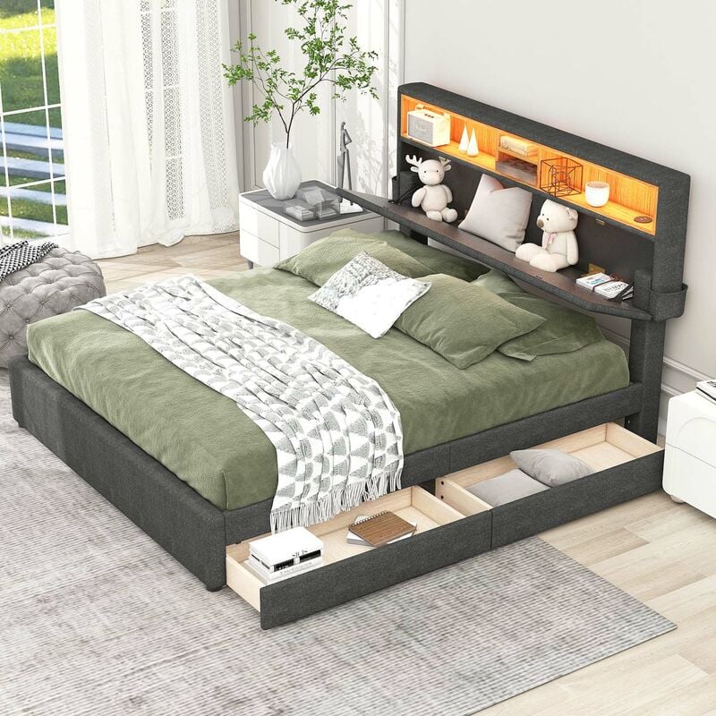 Modernluxe - Lit double 140x200cm en lin avec LED、port USb et 2 tiroirs - tête de lit réglable - Gris