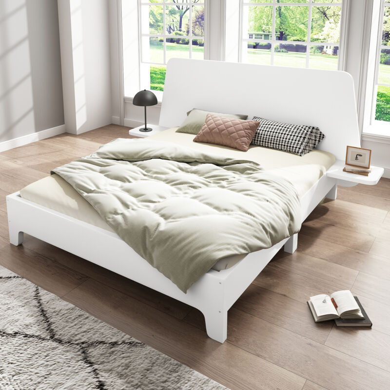 Lit adulte 160x200cm, cadre de lit double en bois, Tête de lit avec panneau de rangement, chêne, sans matelas, blanc