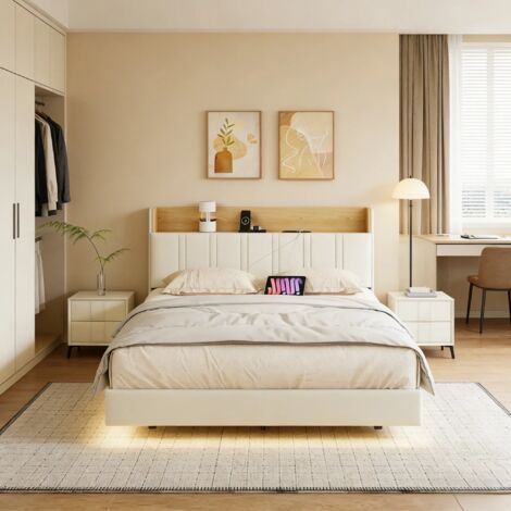 Lit adulte 140x200cm, Cadre de lit flottant avec éclairage LED et ports USB, Tête de lit rembourrée avec rangement et sommier à lattes, 2 personnes, PU, Blanc
